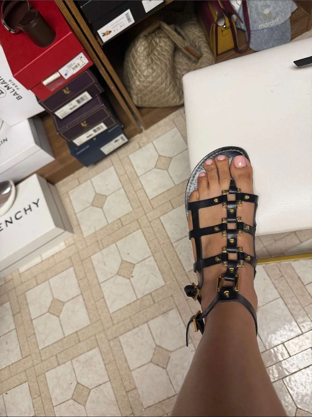 Tory Burch Black Leather Gladiator Sandals with Gold Studs